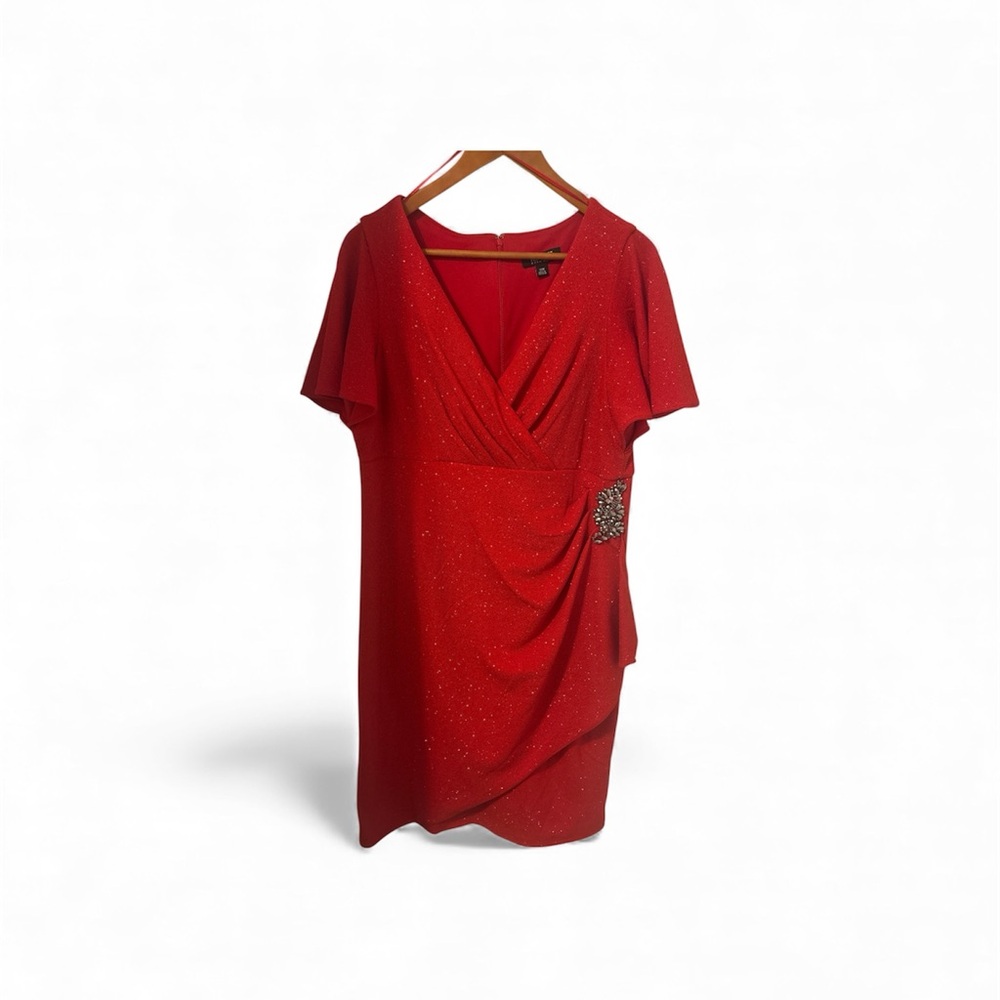Ignite Evenings Women’s Red Dress Mid Length With Sparkle Flutter Sleeves SZ 14